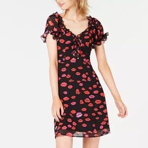 Betsey Johnson Y2K 2019 Lip Print A line Mini Dress Black Red Lipstick size 8